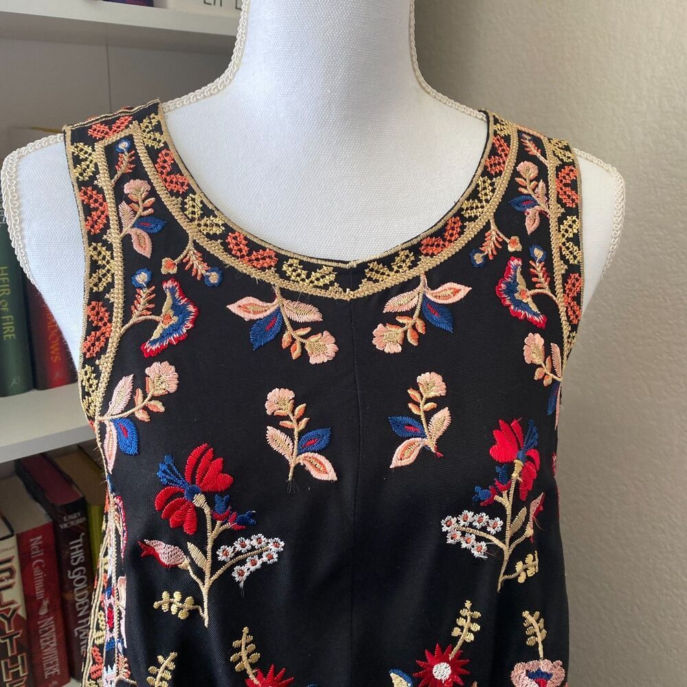 TOLANI Akeeva Black Embroidered Floral Handkerchief Slip On Midi Dress Size PXXS - Picture 3 of 12
